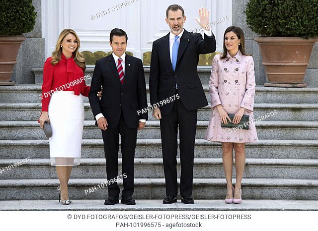 King Felipe VI. From Spain and Queen Letizia of Spain received President Enrique Pena Nieto with wife Angelica Rivera de Pena at the Palacio de la Zarzuela
