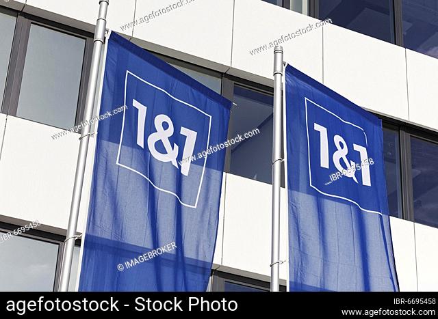 1&amp;1, flags in front of the building, mobile and internet service provider, brand of United Internet AG, Düsseldorf, North Rhine-Westphalia, Germany, Europe