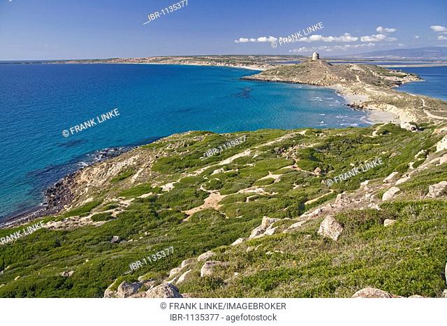 View from the foothills of Capo San Marco with the Spanish Tower and Tharros, Sinis Peninsula, province of Oristano, Sardinia, Italy