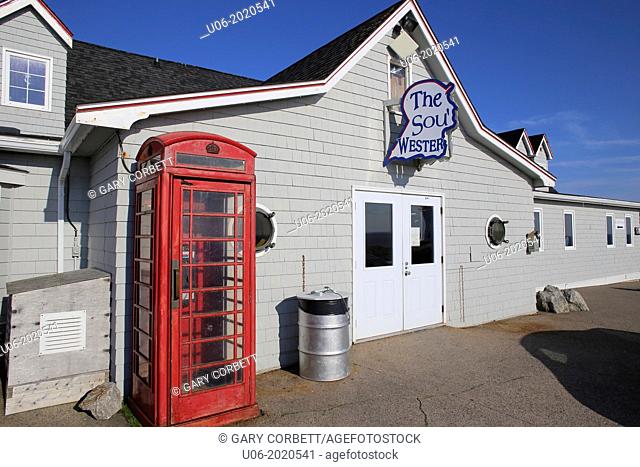 The Sou'Wester restaurant and red british phone booth at Peggy's Cove, Nova Scotia, Canada