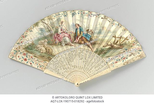 Folding fan with a sheet of paper on which a pastoral representation with two figures, dog and sheep and a shepherdess on the back in gouache a frame of ivory...