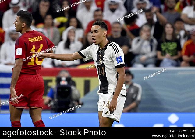 Jamal MUSIALA (GER) gesture, gesture, Spain (ESP) - Germany (GER), group phase group E, 2nd matchday, on November 27th, 2022, Al-Bayt Stadium in Al-Khor