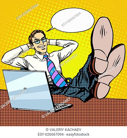 Happy relax businessman at work place near laptop pop art retro style. Financial success. Good mood and positive emotions