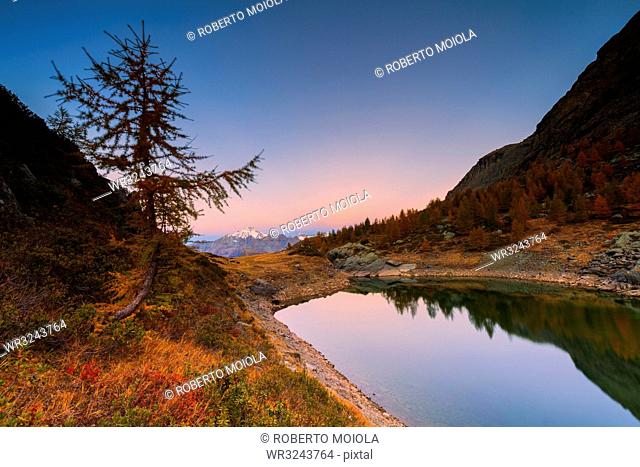 Sunrise on Lakes of Campagneda during autumn, Valmalenco, Valtellina, Sondrio province, Lombardy, Italy, Europe
