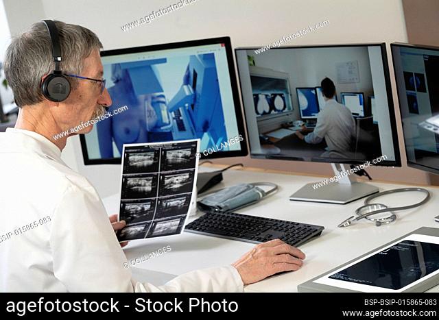 Gynaecologist during a video consultation with a radiologist colleague for a patient's breast examinations: mammography and ultrasound