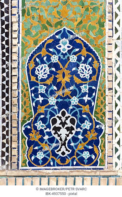 Close-up of tilework at Nadir Divan-begi Madrasah, Nadir Divanbegi Medressa, Bukhara, Uzbekistan, Asia