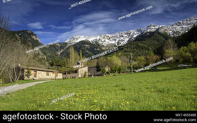 Bastanist Sanctuary in spring and the Serra del Cadí mountain range in the background (Cerdanya, Catalonia, Spain, Pyrenees)