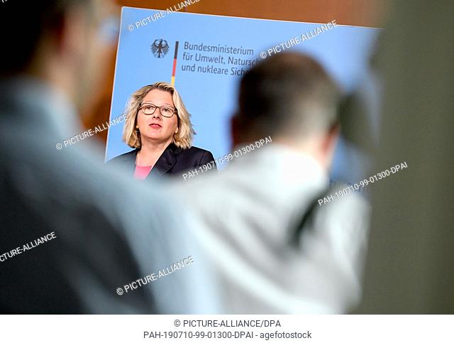 10 July 2019, Berlin: Svenja Schulze (SPD), Federal Environment Minister, speaks at a press conference on the results of the independent assessment of NO2...