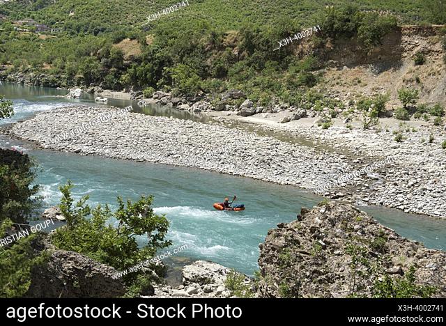 Inflatable canoes on the Vjosë or Vjosa River, near Përmet, Gjirokaster District, Albania, Southeastern Europe