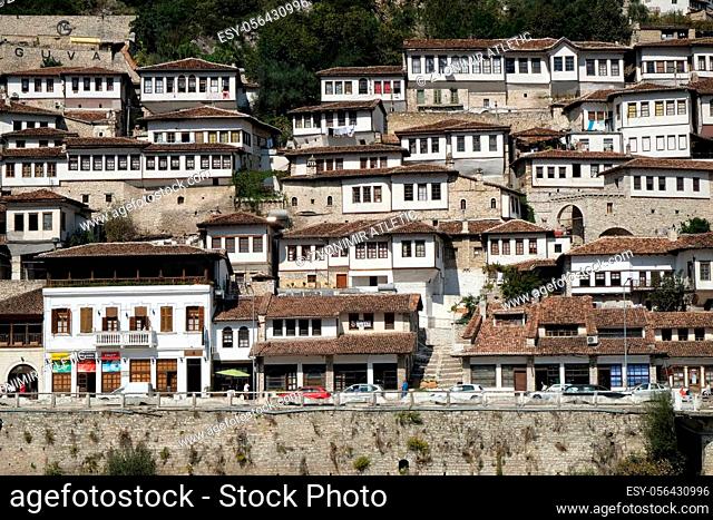 Traditional ottoman houses in old town Berat known as the White City of Albania