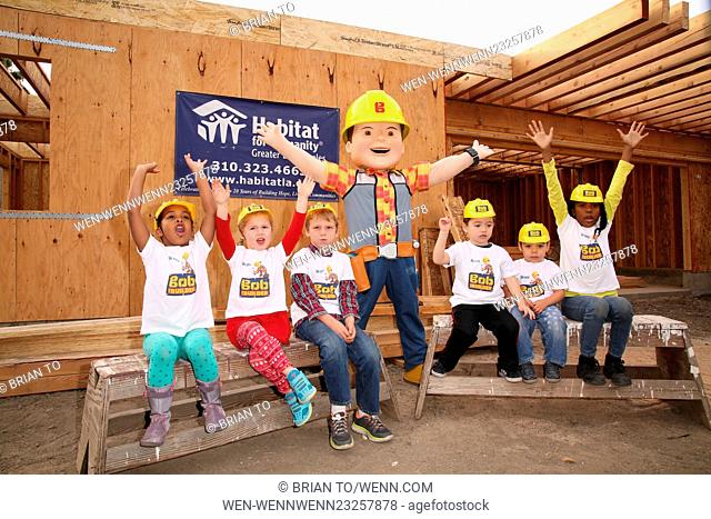Mario Lopez & Bob the Builder help Habitat for Humanity build home for LA Family at private home in Inglewood. Featuring: volunteers