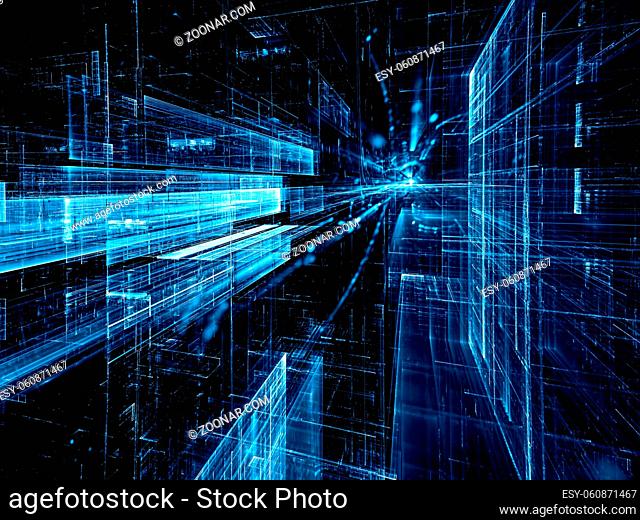 Futuristic tech background - abstract computer-generated image. Fractal geometry - glowing lines with perspective. Technology
