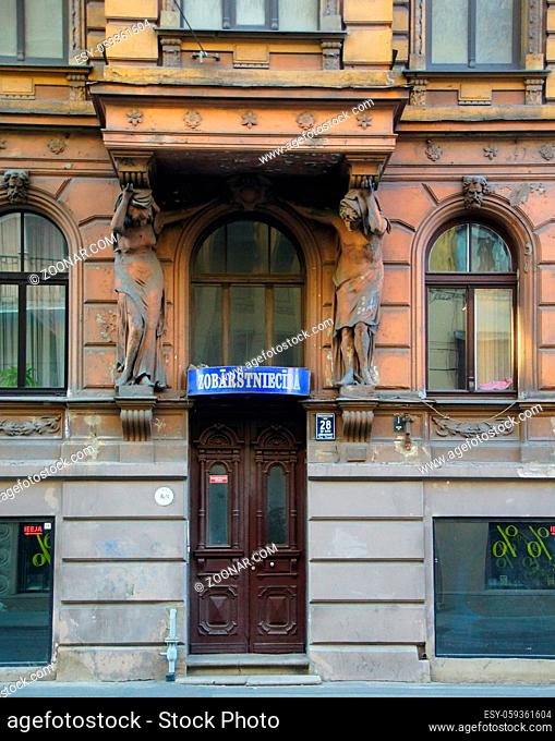 Fragment of the facade of a house in the Art Nouveau style on Aleksandra Cake iela in Riga