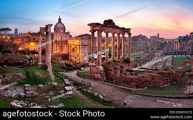 Panorama of Roman Forum (Foro Romano) in the Morning, Rome, Italy