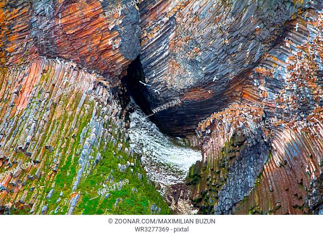 Science of Earth. Descriptive material on Geology. Basaltic columnar jointing, igneous rock, crushed into folds. Rubini-rock is discordant intrusion (doleritic...