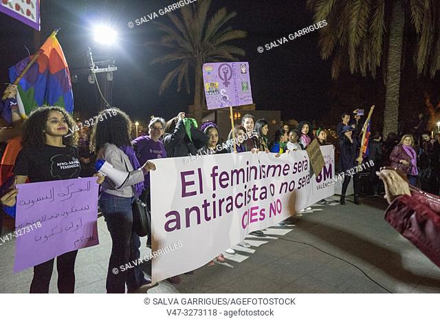 Valencia, Spain, March 8, 2019. The streets of Valencia are filled with people shouting in favor of feminism and encountering machista aggressions