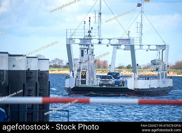 27 April 2023, Mecklenburg-Western Pomerania, Stahlbrode: The ferry ""Stahlbrode"" sails across the Strelasund off the island of Rügen