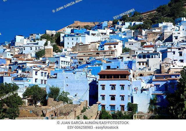 Panoramic view of blue city of Chefchaouen at rising, Morocco