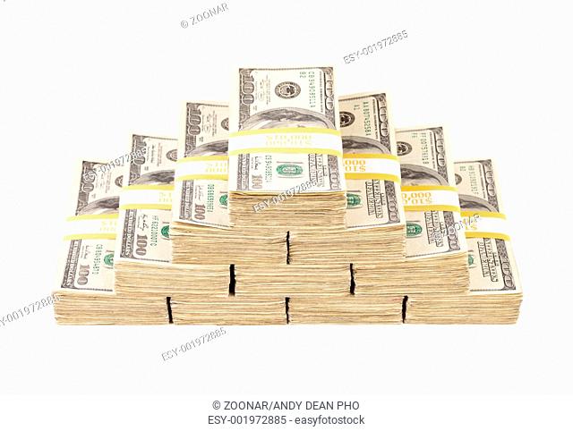 Stacks of Ten Thousand Dollar Piles of One Hundred Dollar Bills Isolated on a White Background