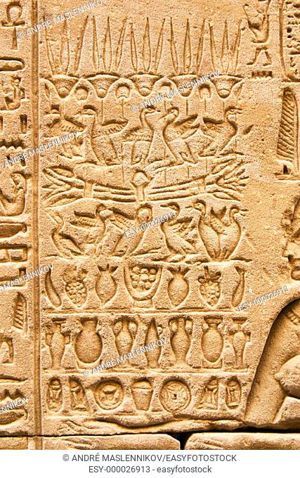 Hieroglyphs on the walls of Horus temple. Edfu. Egypt