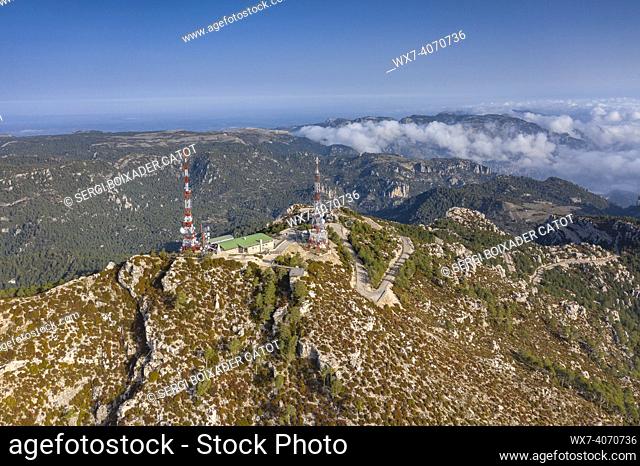 Aerial view of Mont Caro and the surrounding peaks of Els Ports - Los Puertos massif, a winter morning (Tarragona, Catalonia, Spain)