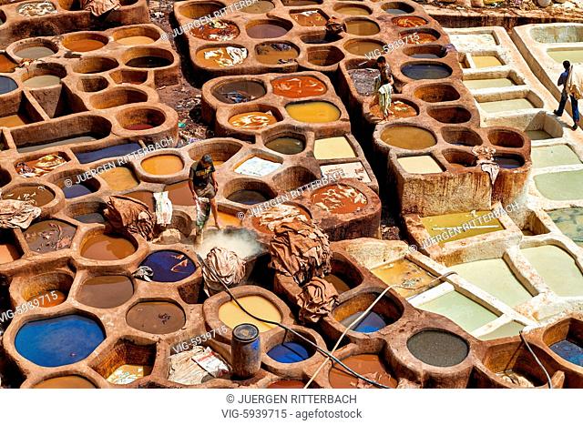 MOROCCO, FEZ, 23.05.2016, refurbished Chouwara traditional leather tannery in Old Fez, Morocco, Africa - Fez, Morocco, 23/05/2016
