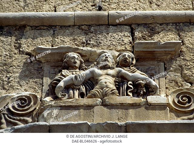 Deposition of Christ, relief on the entrance to the Church of St Mary of the Graces, Anversa degli Abruzzi, Abruzzo. Italy, 16th century
