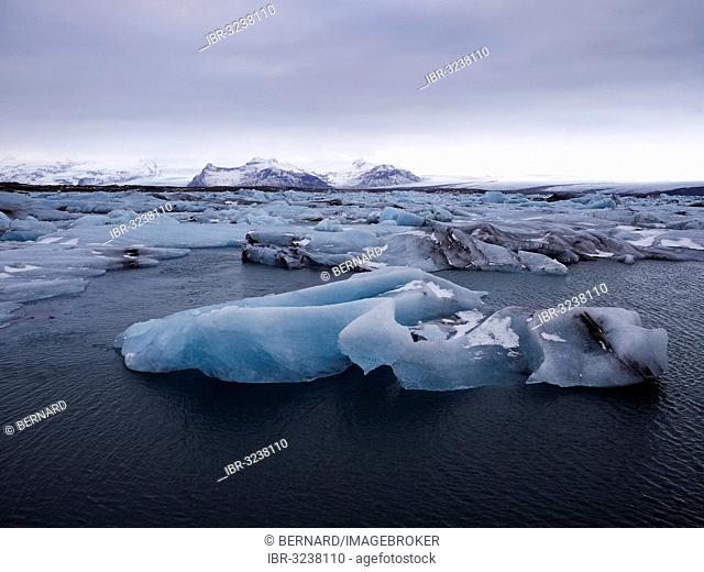Icebergs in the Jökulsarlon glacial lake at the edge of the Vatnajökull Glacier