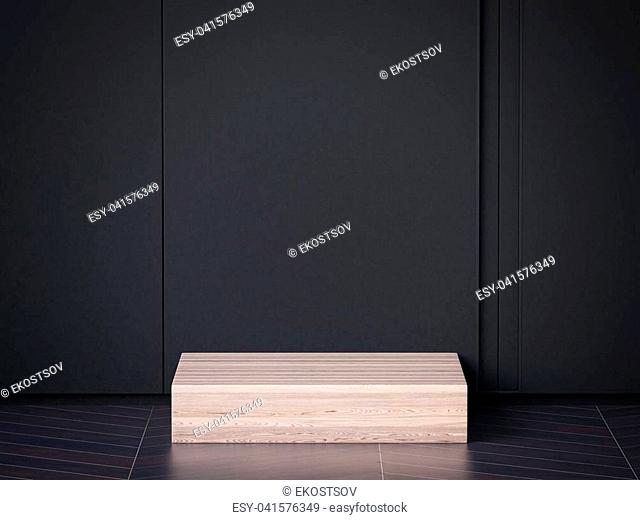Bright wooden podium in dark interior. 3d rendering