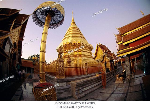 Buddhist temple of Doi Suthep at sunset, Chiang Mai, Chiang Mai Province, Thailand, Asia