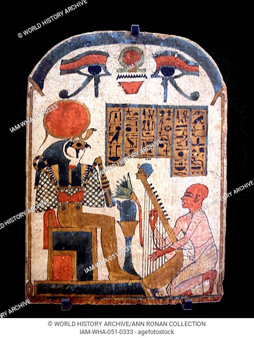 Stele of the musician Amon Djedkhonsouiouefankh playing the harp before the god Ra-Harakte. 3rd intermediate period; 1069-664 B.C