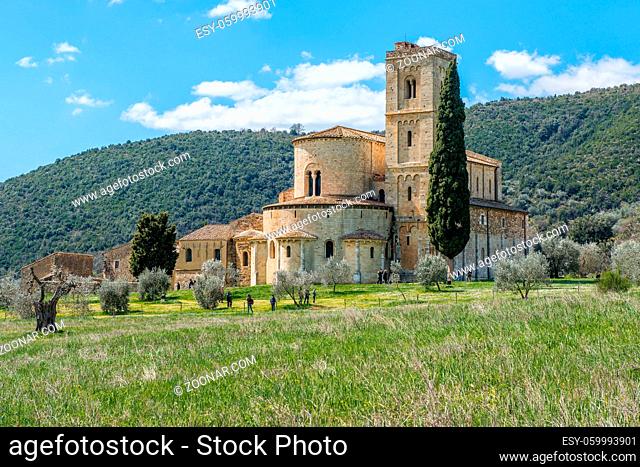 The benedictine monastery of Sant'Antimo near Montalcino, in the fields of the tuscany countryside