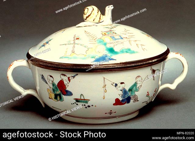 Porringer with cover (Écuelle). Factory: Chantilly (French); Date: 1732-38; Culture: French, Chantilly with French, Paris mounts; Medium: Soft-paste porcelain
