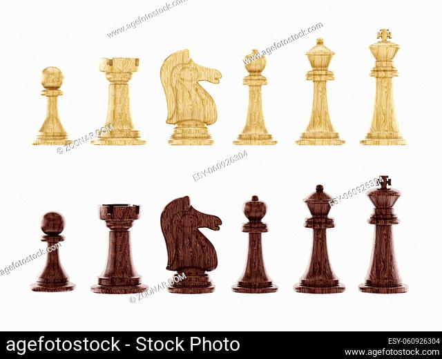 Black and white chess pieces isolated on white background