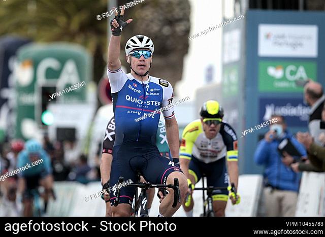 Dutch Fabio Jakobsen of Quick-Step Alpha Vinyl celebrates as he crosses the finish line to win the first stage of the Volta ao Algarve cycling race