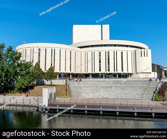 Bygdoszcz, Poland - 7 September, 2021: view of the new opera house on the Brda River in downtown Bygdoszcz