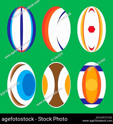 Set of Different Colored Rugby Balls Isolated on Green Background
