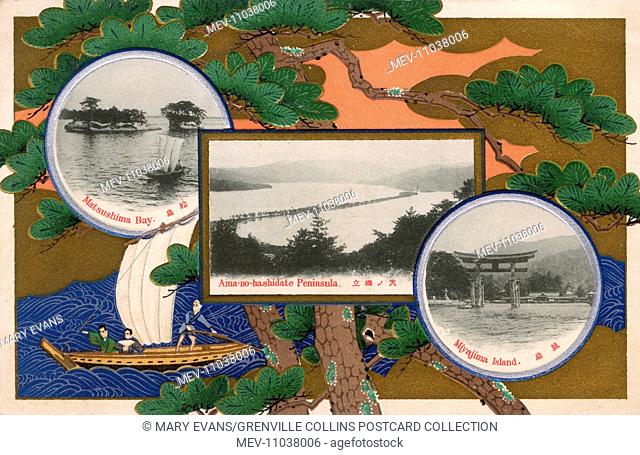 Three photographic scenes of Japan inset onto a traditional Japanese river scene showing a river craft navigating a section of rapids