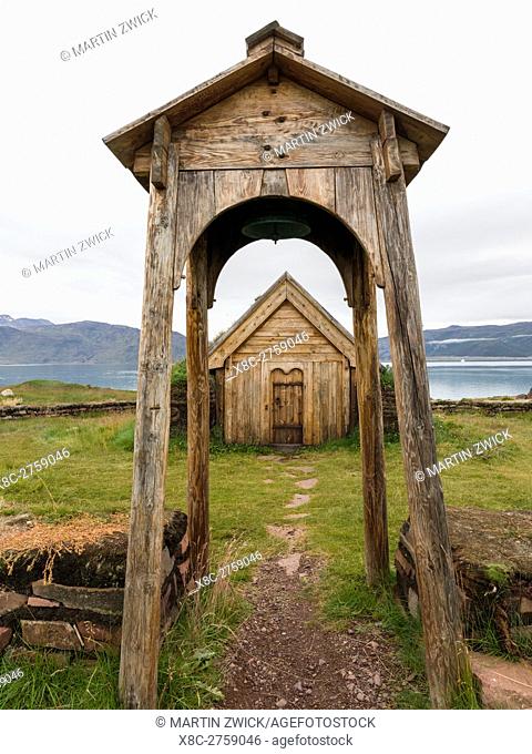 Replica of the church of Tjodhilde. The settlement Qassiarsuk, probably the old Brattahlid, the home of Erik the Red. America, North America, Greenland, Denmark