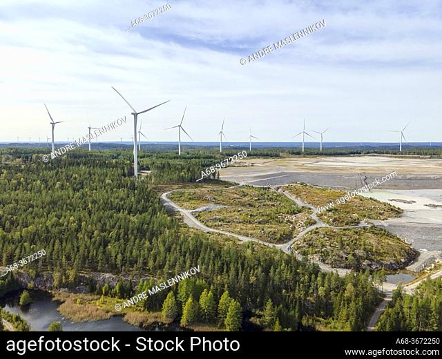 Wind farm at Zinkgruvan's storage site for mining waste. Zinc mine, Örebro county. The zinc mine wind farm with a capacity of 53 MW sold to the German CEE Group