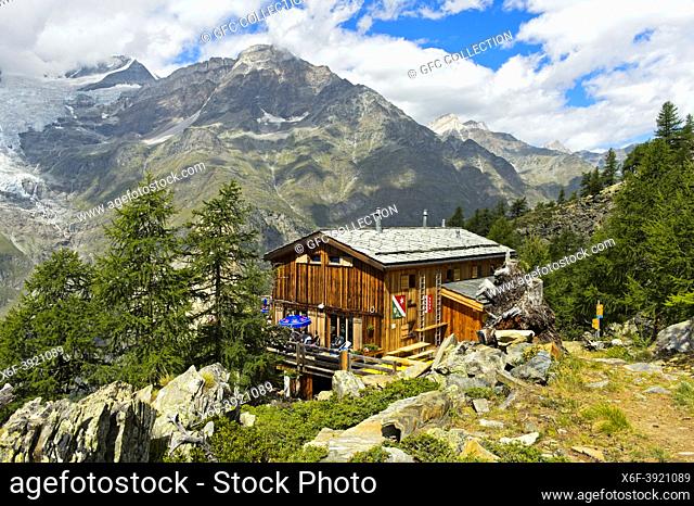 Mountain hut Europahütte at the Europaweg hiking trail, Randa, Valais, Switzerland