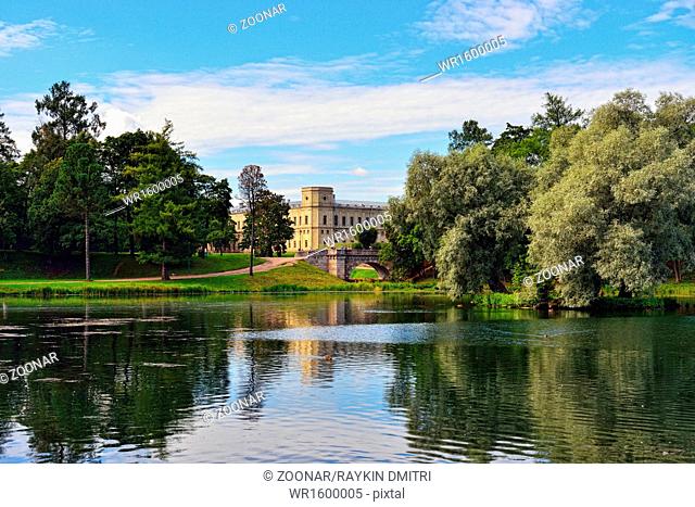 The pond and palace in Gatchina garden