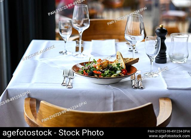 20 July 2021, Brandenburg, Potsdam: A salad with shrimps stands on a laid table in the restaurant ""Kongsnaes - The Imperial Sailor Station""