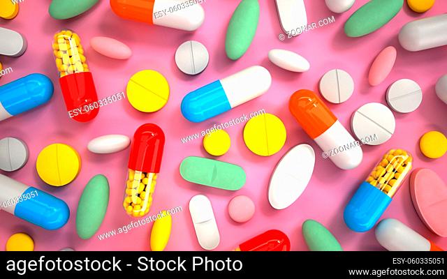 Colorful pills on a pink background. 3d illustration