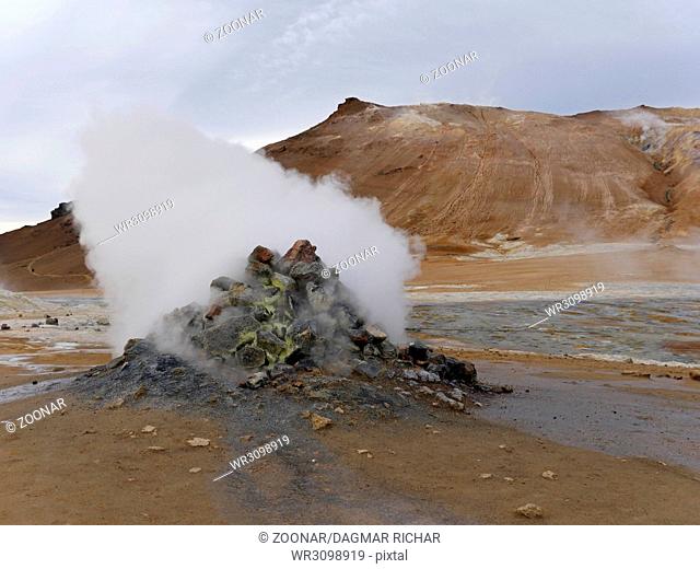 Hot steaming geothermal vent or fumarole at Hverarond near Myvatn north Iceland