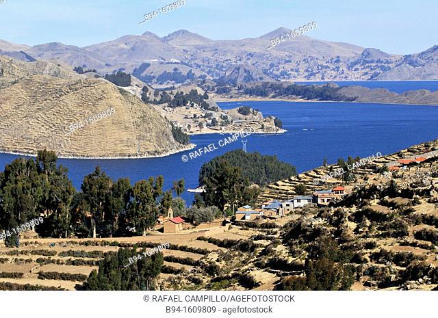 Lake Titicaca from Island of the Sun. Located in the Andes on the border of Peru and Bolivia. It sits 3, 811 m (12, 500 ft) above sea level