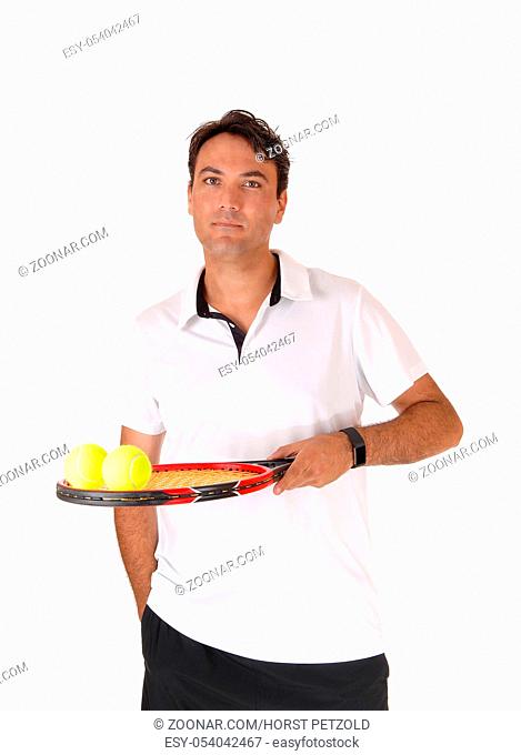A close-up image of a handsome man in a white shirt holding his racquet with his yellow balls, isolated for white background
