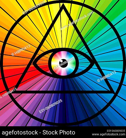 All-Seeing Occult Eye, Third eye, Eye of providenc over a colorful chakra sunburst