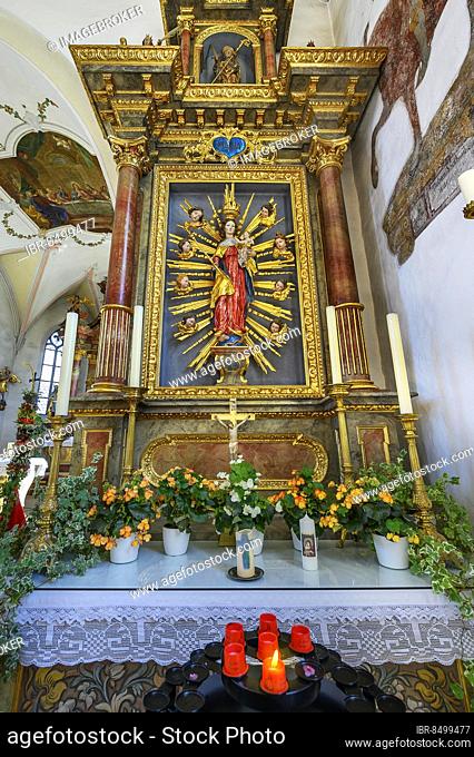 Side altar with figure of the Virgin Mary, Church of St. Anne in Betzigau, Allgäu, Bavaria, Germany, Europe