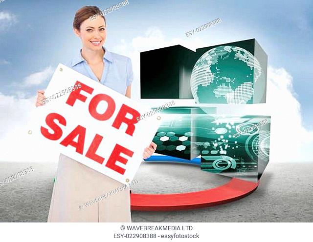 Composite image of estate agent posing with for sale sign